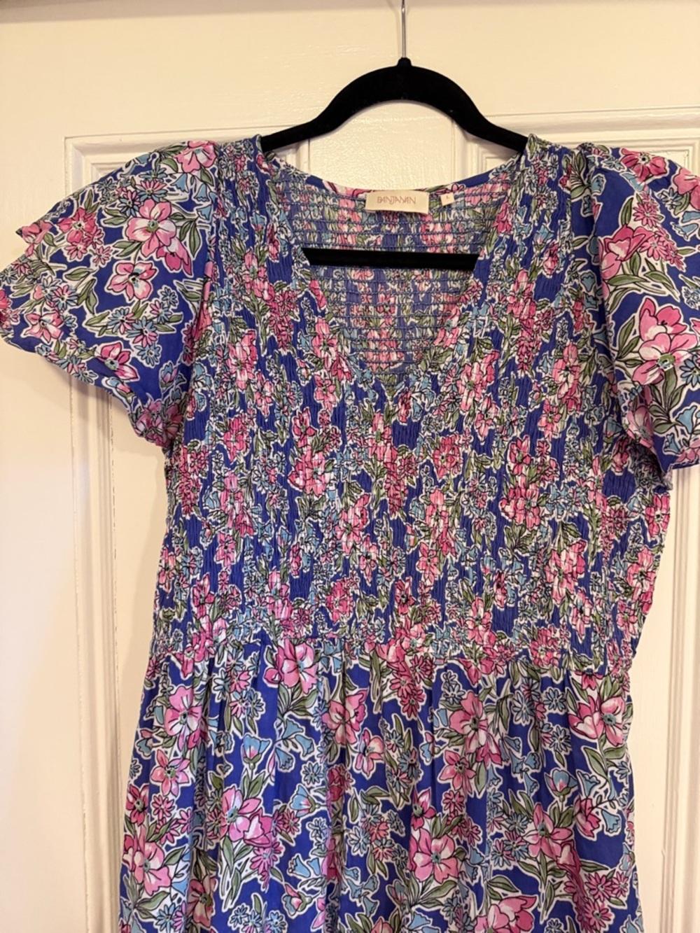 Banjanan Blue Floral Smocked Midi Dress with Pink & Green Accents size large - Picture 4 of 8